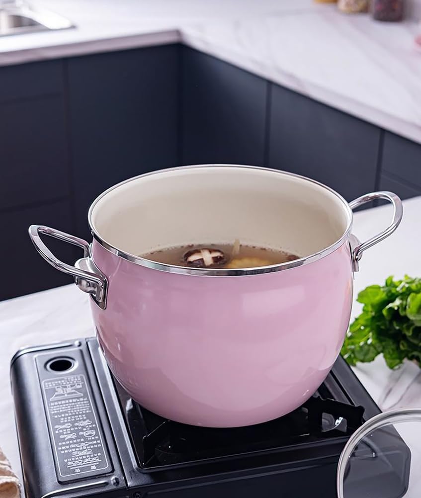 Kitchen Enamel Stockpot with Lid Soup Pot Nonstick Enamel on Steel Stock Pot Enamelware Cooking Pot Large Simmer Pot with Handle for Induction Cookers And Stove,Pink