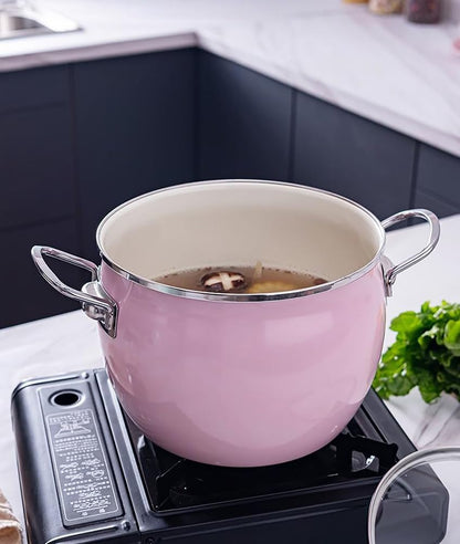 Kitchen Enamel Stockpot with Lid Soup Pot Nonstick Enamel on Steel Stock Pot Enamelware Cooking Pot Large Simmer Pot with Handle for Induction Cookers And Stove,Pink
