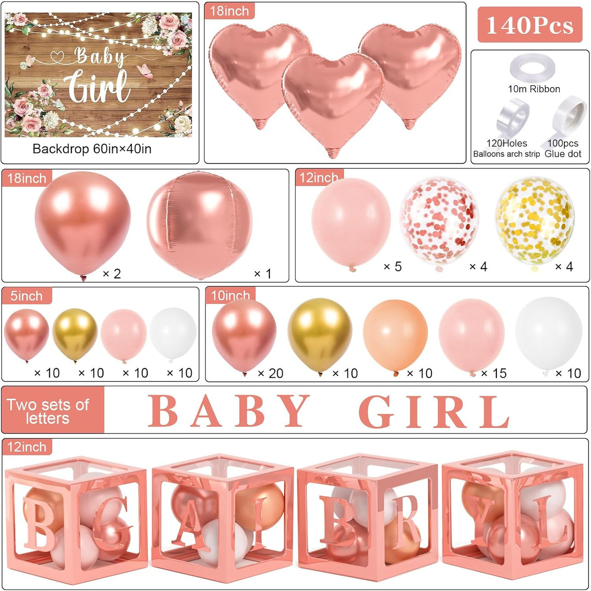 Floral Baby Shower Decorations for Girl, Baby Boxes with Letters/Photo Backdrop/Rose Gold and Pink Balloon Arch/Foil Balloons, Birthday Party Supplies Baby Girl Shower Decorations