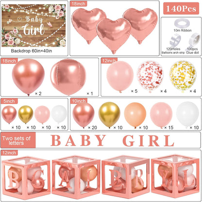 Floral Baby Shower Decorations for Girl, Baby Boxes with Letters/Photo Backdrop/Rose Gold and Pink Balloon Arch/Foil Balloons, Birthday Party Supplies Baby Girl Shower Decorations
