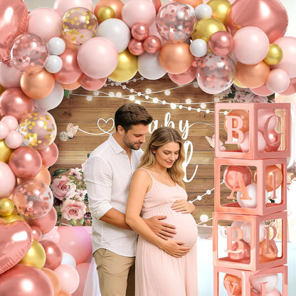 Floral Baby Shower Decorations for Girl, Baby Boxes with Letters/Photo Backdrop/Rose Gold and Pink Balloon Arch/Foil Balloons, Birthday Party Supplies Baby Girl Shower Decorations