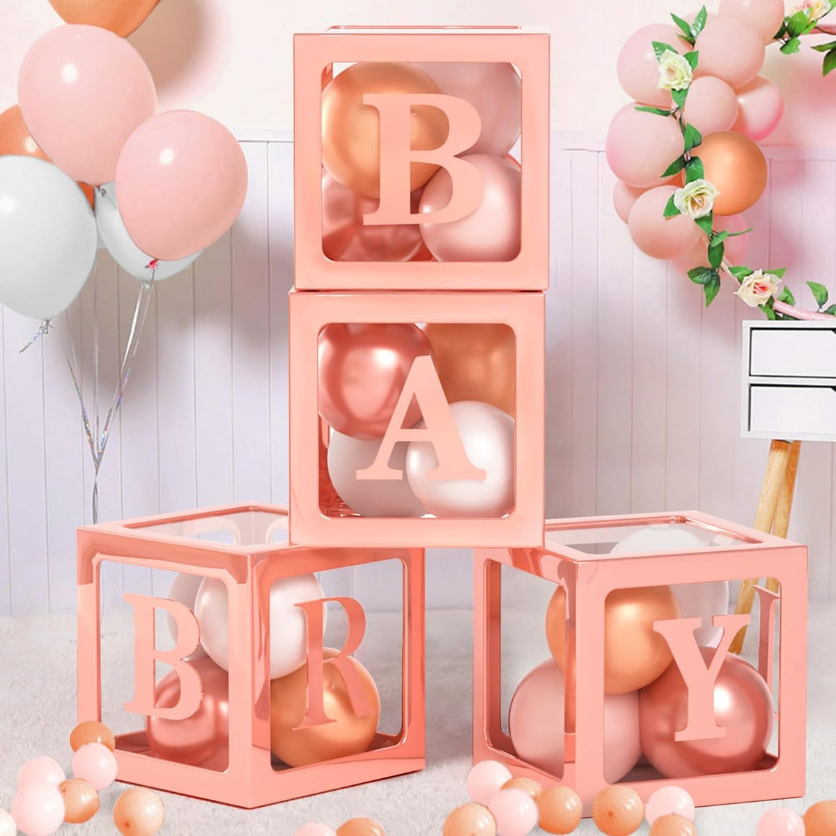 Floral Baby Shower Decorations for Girl, Baby Boxes with Letters/Photo Backdrop/Rose Gold and Pink Balloon Arch/Foil Balloons, Birthday Party Supplies Baby Girl Shower Decorations
