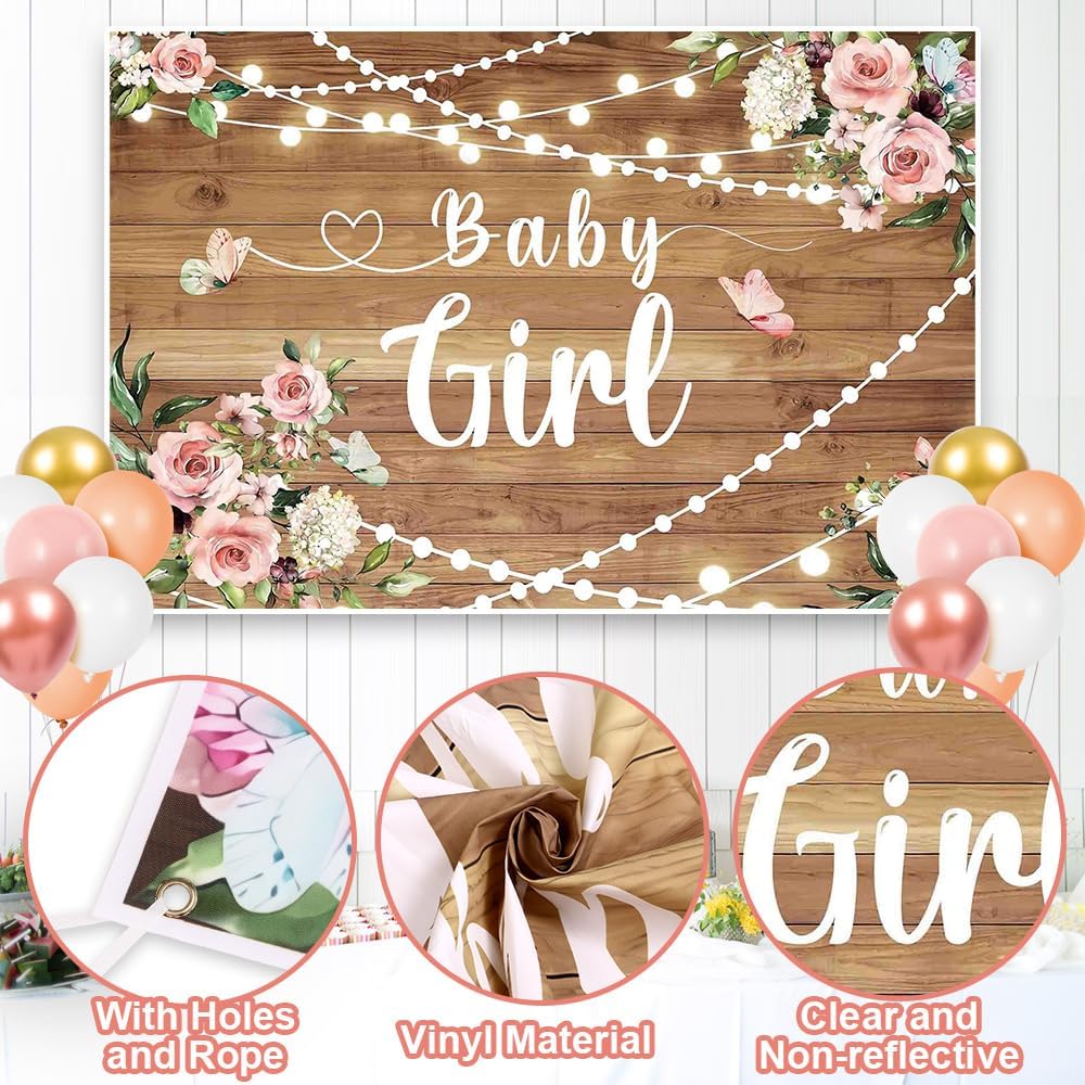Floral Baby Shower Decorations for Girl, Baby Boxes with Letters/Photo Backdrop/Rose Gold and Pink Balloon Arch/Foil Balloons, Birthday Party Supplies Baby Girl Shower Decorations