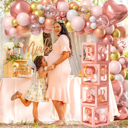 Floral Baby Shower Decorations for Girl, Baby Boxes with Letters/Photo Backdrop/Rose Gold and Pink Balloon Arch/Foil Balloons, Birthday Party Supplies Baby Girl Shower Decorations