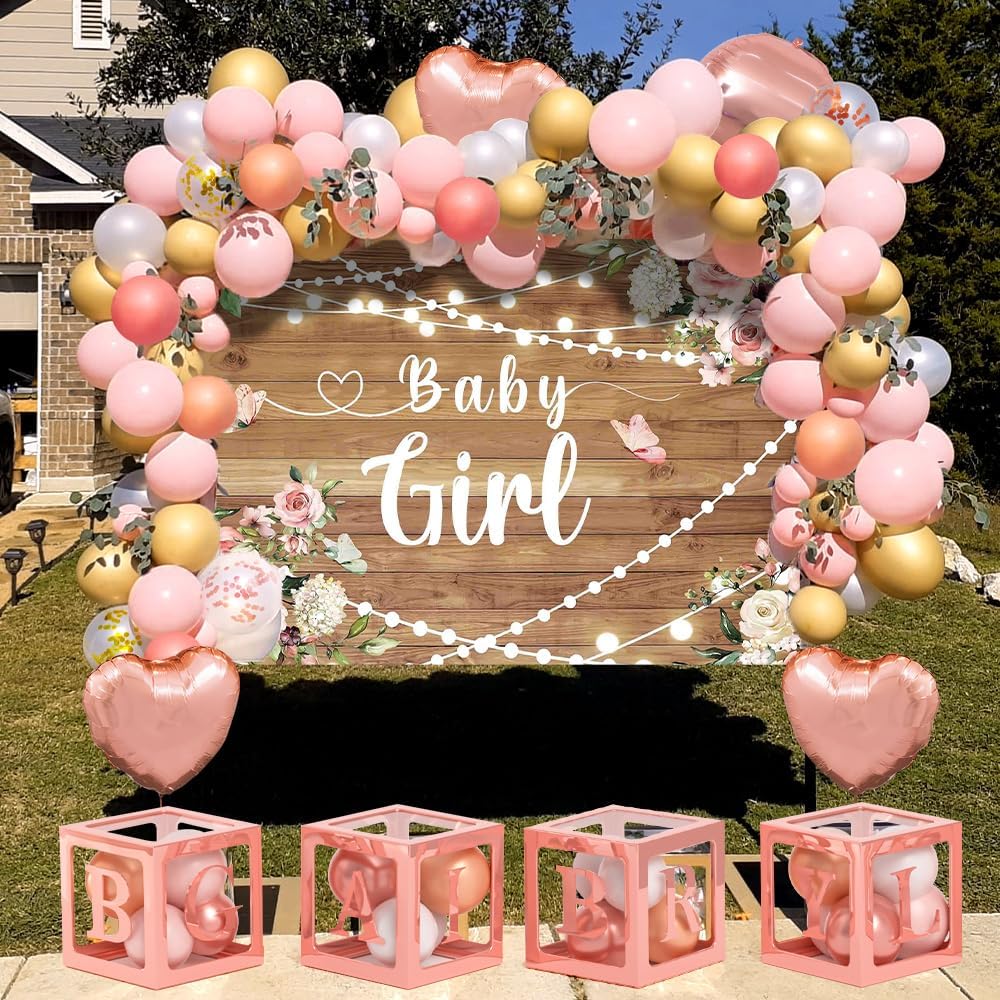 Floral Baby Shower Decorations for Girl, Baby Boxes with Letters/Photo Backdrop/Rose Gold and Pink Balloon Arch/Foil Balloons, Birthday Party Supplies Baby Girl Shower Decorations
