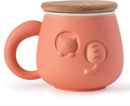 Tea Cup with Infuser and Lid 14oz - Pink Ceramic Cat Mug with Wood Lid, Cute Loose Leaf Tea Set, Anniversary Birthday Gift for Women Cat Lovers