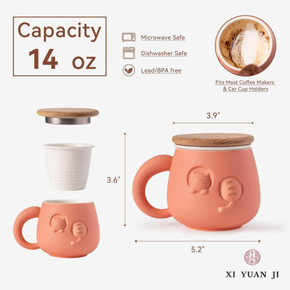 Tea Cup with Infuser and Lid 14oz - Pink Ceramic Cat Mug with Wood Lid, Cute Loose Leaf Tea Set, Anniversary Birthday Gift for Women Cat Lovers