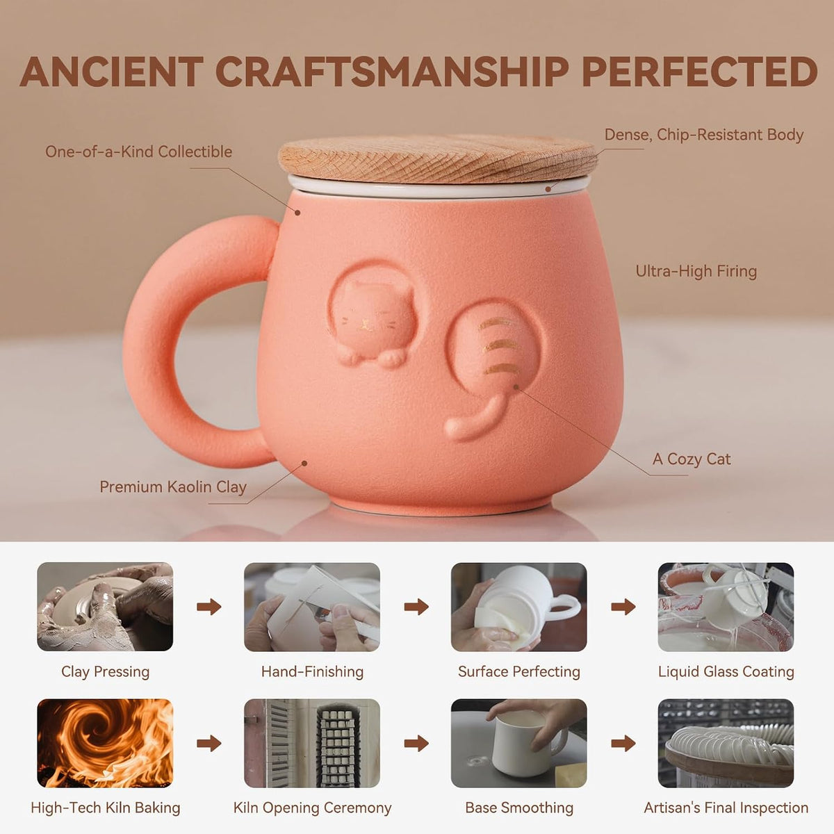 Tea Cup with Infuser and Lid 14oz - Pink Ceramic Cat Mug with Wood Lid, Cute Loose Leaf Tea Set, Anniversary Birthday Gift for Women Cat Lovers