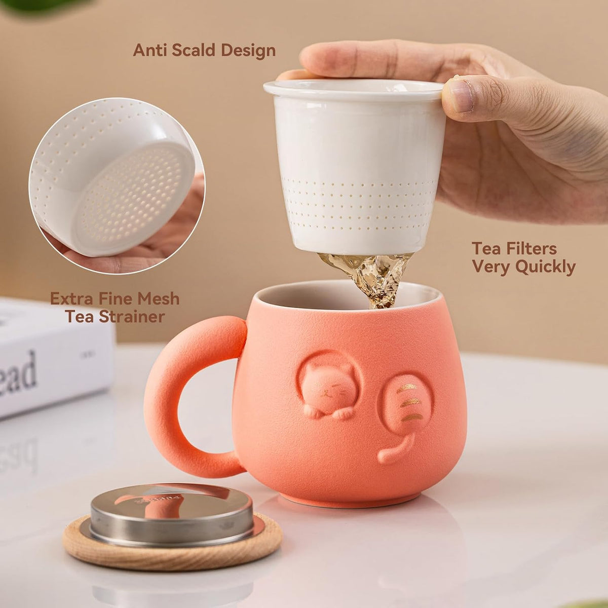 Tea Cup with Infuser and Lid 14oz - Pink Ceramic Cat Mug with Wood Lid, Cute Loose Leaf Tea Set, Anniversary Birthday Gift for Women Cat Lovers