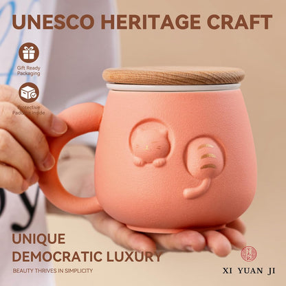 Tea Cup with Infuser and Lid 14oz - Pink Ceramic Cat Mug with Wood Lid, Cute Loose Leaf Tea Set, Anniversary Birthday Gift for Women Cat Lovers