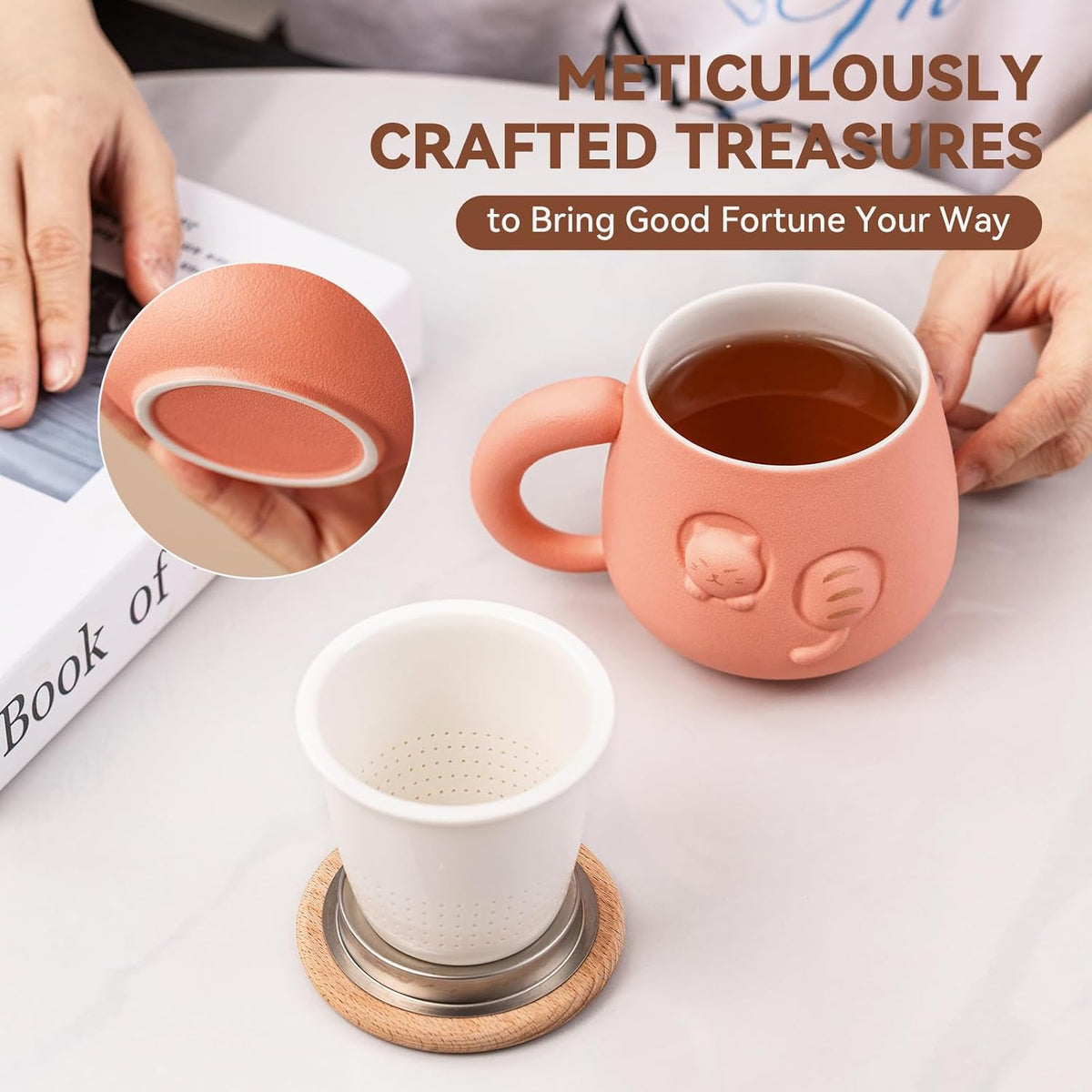 Tea Cup with Infuser and Lid 14oz - Pink Ceramic Cat Mug with Wood Lid, Cute Loose Leaf Tea Set, Anniversary Birthday Gift for Women Cat Lovers