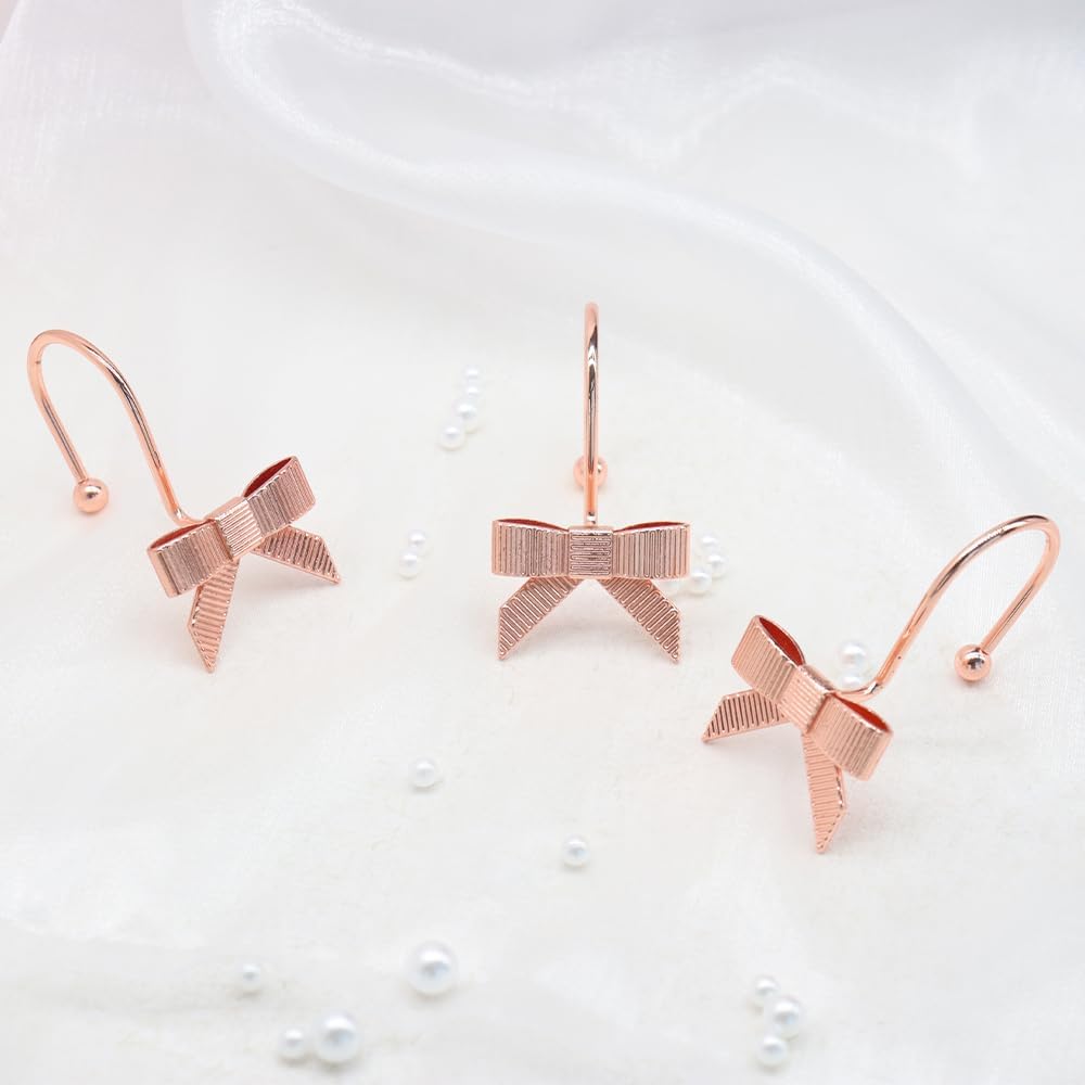 Decorative Shower Curtain Hooks, Luxury Bowknot Shower Curtain Rings, Modern Bow Shower Curtain Hangers, 12PCS Shower Hooks for Home Decor, Bathroom, Bedroom, Living Room (Rose Gold)