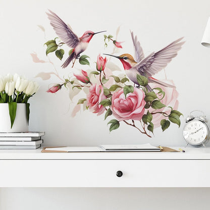 Pink Rose Hummingbirds Wall Stickers Floral Art Bird Wall Decals