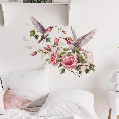Pink Rose Hummingbirds Wall Stickers Floral Art Bird Wall Decals