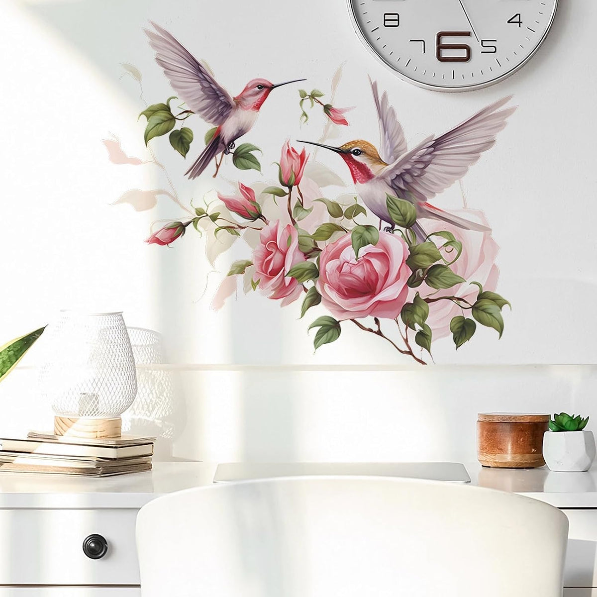 Pink Rose Hummingbirds Wall Stickers Floral Art Bird Wall Decals