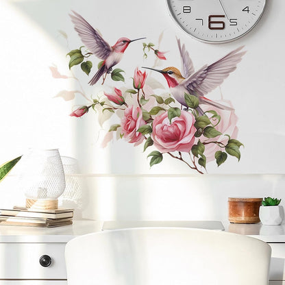 Pink Rose Hummingbirds Wall Stickers Floral Art Bird Wall Decals