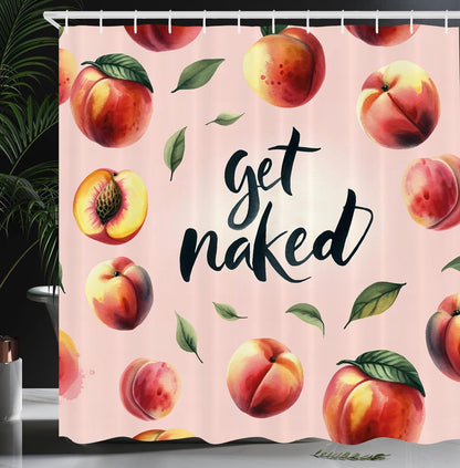 Peach Shower Curtain, Get Naked Phrase Written on Pastel Back Fruits and Leaves Fun Playful, Cloth Fabric Bathroom Decor Set with Hooks, 69" W x 70" L, Blush Dark Coral Yellow