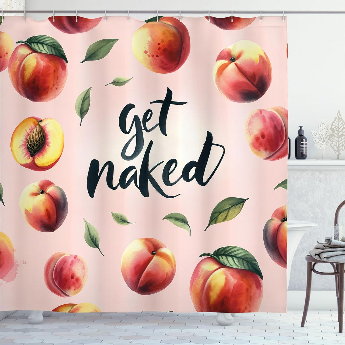 Peach Shower Curtain, Get Naked Phrase Written on Pastel Back Fruits and Leaves Fun Playful, Cloth Fabric Bathroom Decor Set with Hooks, 69" W x 70" L, Blush Dark Coral Yellow