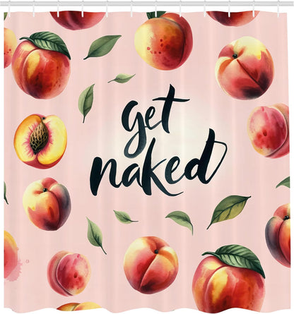Peach Shower Curtain, Get Naked Phrase Written on Pastel Back Fruits and Leaves Fun Playful, Cloth Fabric Bathroom Decor Set with Hooks, 69" W x 70" L, Blush Dark Coral Yellow