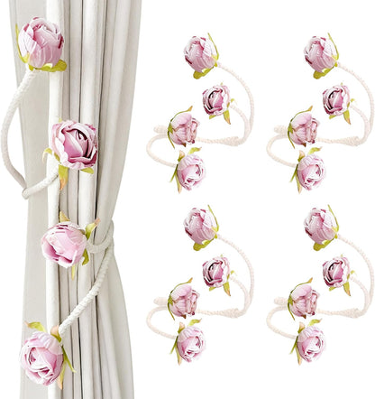 Decorative Rose Curtain Tieback with Artificial Flowers, Pink Roses on White Twisted Rope, Decorative Curtain Accessories, Elegant Window Treatment 4pcs (4)