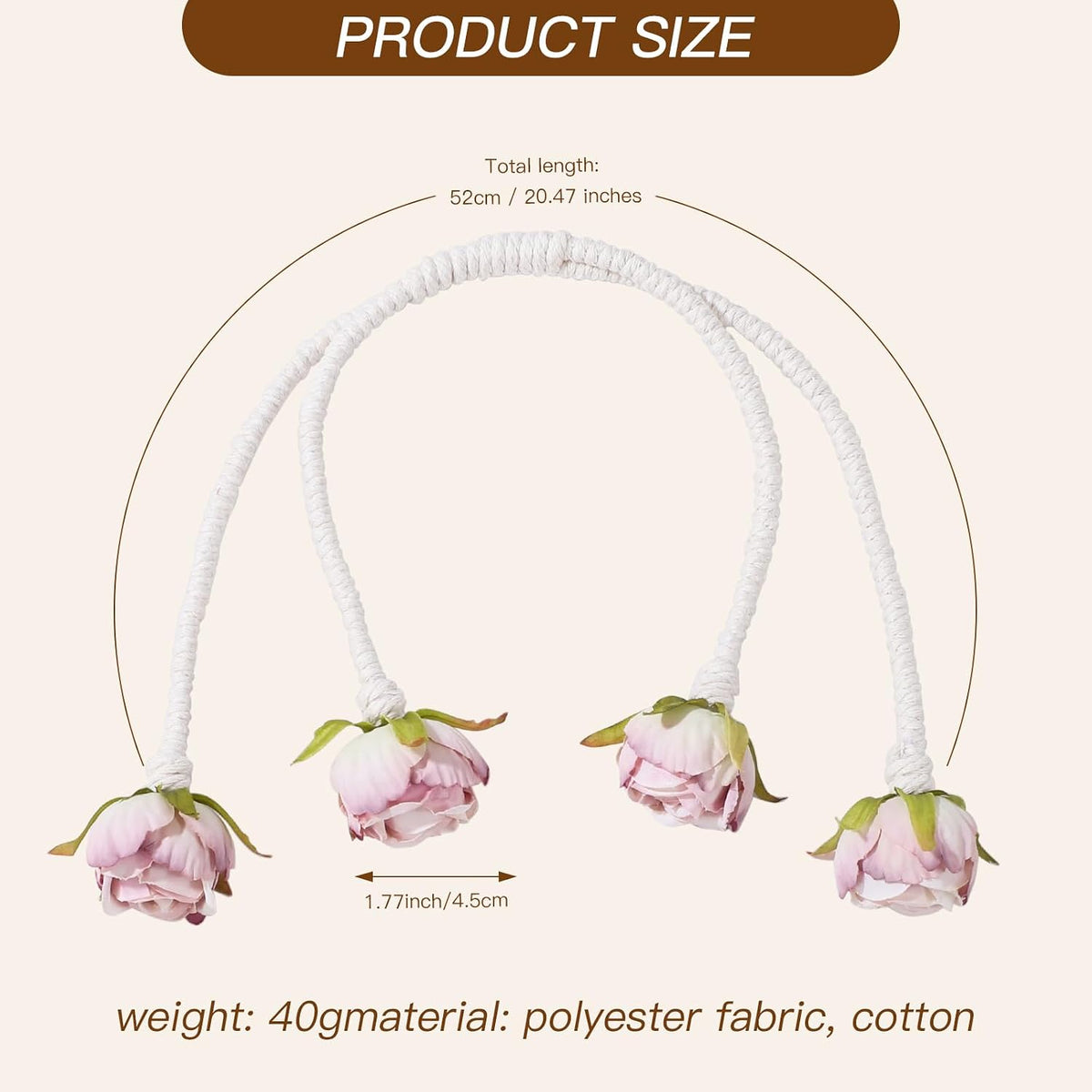 Decorative Rose Curtain Tieback with Artificial Flowers, Pink Roses on White Twisted Rope, Decorative Curtain Accessories, Elegant Window Treatment 4pcs (4)