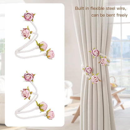 Decorative Rose Curtain Tieback with Artificial Flowers, Pink Roses on White Twisted Rope, Decorative Curtain Accessories, Elegant Window Treatment 4pcs (4)