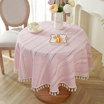 Pink Rustic Table Cloth, Round 55" Textured Cotton Linen Fabric Tablecloth with Tassel, Valentines Day Farmhouse Table Cover Embroidery Stripe Round Tablecloths for Kitchen Dinning Party