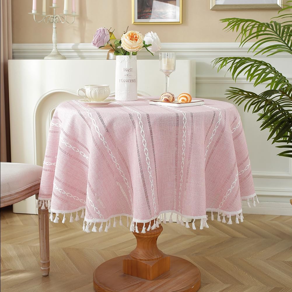 Pink Rustic Table Cloth, Round 55" Textured Cotton Linen Fabric Tablecloth with Tassel, Valentines Day Farmhouse Table Cover Embroidery Stripe Round Tablecloths for Kitchen Dinning Party