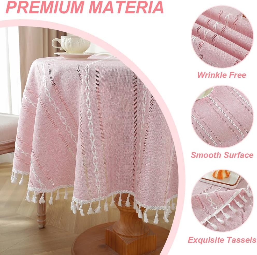 Pink Rustic Table Cloth, Round 55" Textured Cotton Linen Fabric Tablecloth with Tassel, Valentines Day Farmhouse Table Cover Embroidery Stripe Round Tablecloths for Kitchen Dinning Party
