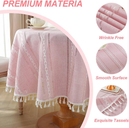 Pink Rustic Table Cloth, Round 55" Textured Cotton Linen Fabric Tablecloth with Tassel, Valentines Day Farmhouse Table Cover Embroidery Stripe Round Tablecloths for Kitchen Dinning Party