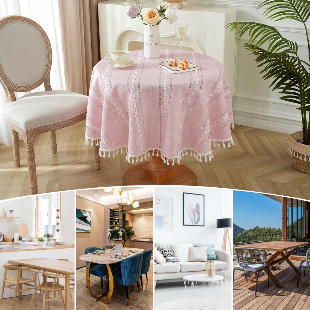 Pink Rustic Table Cloth, Round 55" Textured Cotton Linen Fabric Tablecloth with Tassel, Valentines Day Farmhouse Table Cover Embroidery Stripe Round Tablecloths for Kitchen Dinning Party