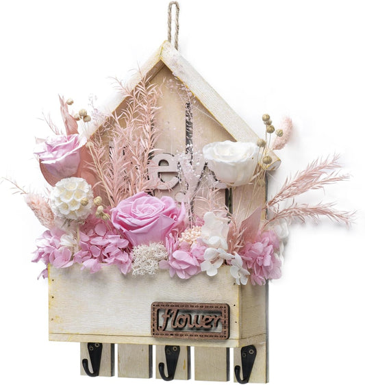 Key Holder Wall Mount with Preserved Pink Roses, Unique Wall Hooks for Home Decor, Forever Flowers Key Hook for Housewarming Gifts, Birthday Gifts for Women, Mom, Friend, Room Decor (Pink)