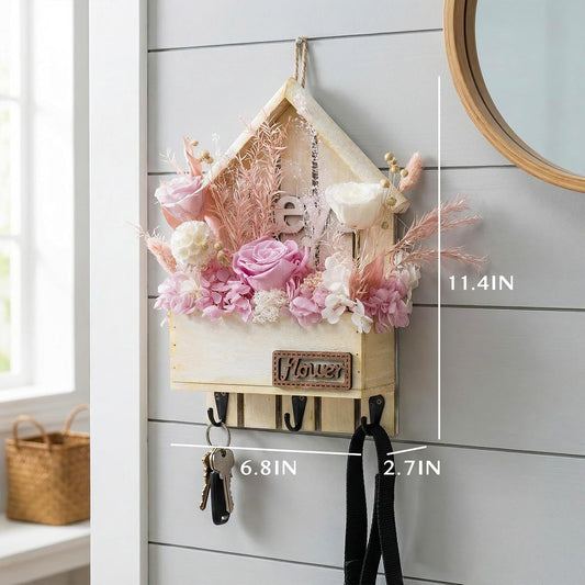 Key Holder Wall Mount with Preserved Pink Roses, Unique Wall Hooks for Home Decor, Forever Flowers Key Hook for Housewarming Gifts, Birthday Gifts for Women, Mom, Friend, Room Decor (Pink)