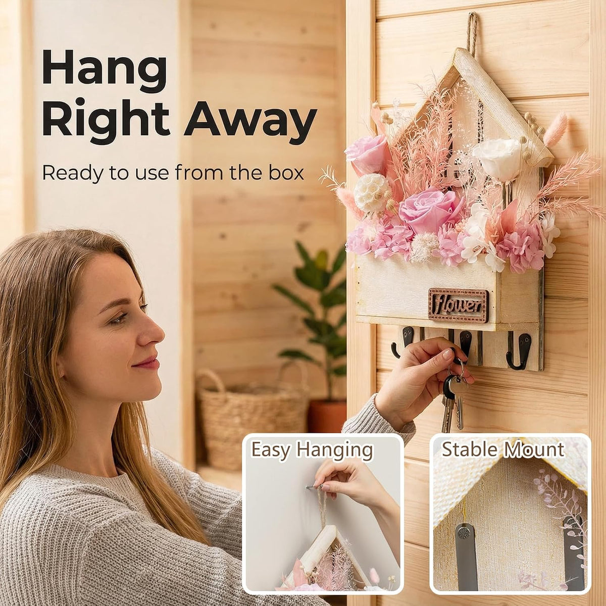Key Holder Wall Mount with Preserved Pink Roses, Unique Wall Hooks for Home Decor, Forever Flowers Key Hook for Housewarming Gifts, Birthday Gifts for Women, Mom, Friend, Room Decor (Pink)
