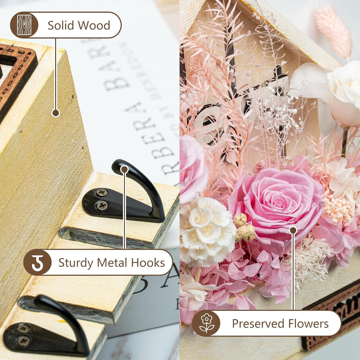 Key Holder Wall Mount with Preserved Pink Roses, Unique Wall Hooks for Home Decor, Forever Flowers Key Hook for Housewarming Gifts, Birthday Gifts for Women, Mom, Friend, Room Decor (Pink)