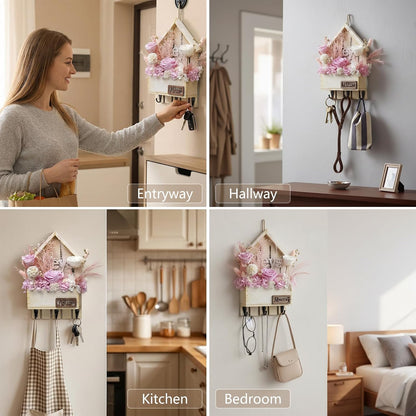 Key Holder Wall Mount with Preserved Pink Roses, Unique Wall Hooks for Home Decor, Forever Flowers Key Hook for Housewarming Gifts, Birthday Gifts for Women, Mom, Friend, Room Decor (Pink)