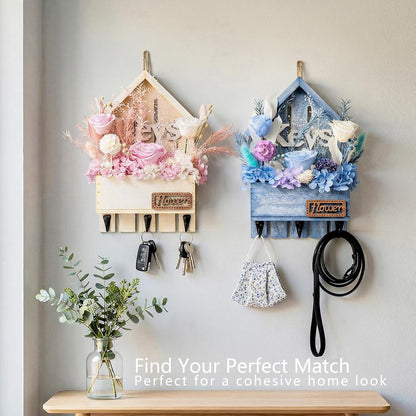 Key Holder Wall Mount with Preserved Pink Roses, Unique Wall Hooks for Home Decor, Forever Flowers Key Hook for Housewarming Gifts, Birthday Gifts for Women, Mom, Friend, Room Decor (Pink)