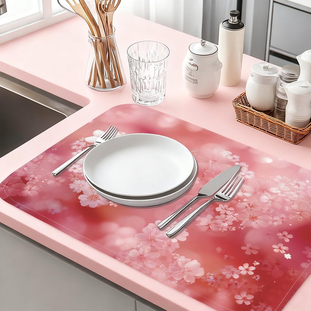 Pink Love Dish Drying Mat for Kitchen Romantic Hearts Dish Drainer Mats Absorbent Microfiber Flowers Dishes Drying Pad 18x24 Inches Washable for Countertop Coffee Bar Valentine's Day Decor