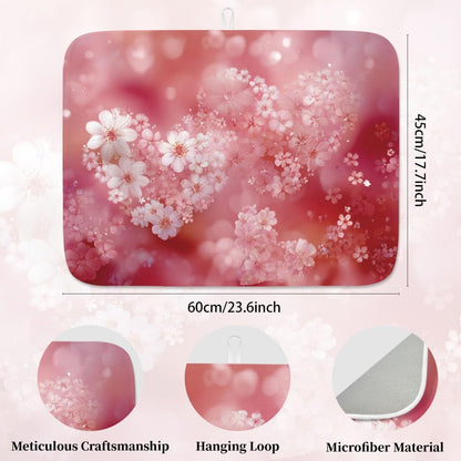 Pink Love Dish Drying Mat for Kitchen Romantic Hearts Dish Drainer Mats Absorbent Microfiber Flowers Dishes Drying Pad 18x24 Inches Washable for Countertop Coffee Bar Valentine's Day Decor