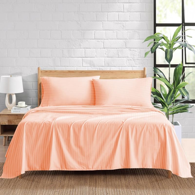 500 Thread Count Peach Stripe(Twin) Bed-Sheet Set-Highly Breathable 100% Egyptian Cotton, Woven Stripe 4 Piece 15''Inch Deep Pocket Hotel Quality