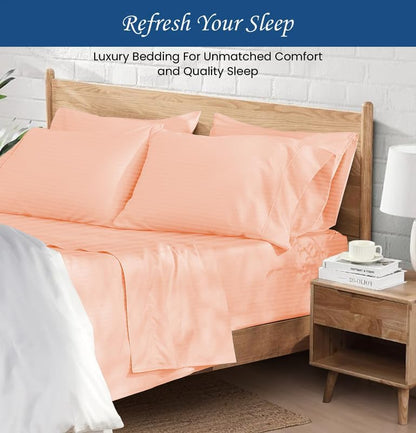 500 Thread Count Peach Stripe(Twin) Bed-Sheet Set-Highly Breathable 100% Egyptian Cotton, Woven Stripe 4 Piece 15''Inch Deep Pocket Hotel Quality
