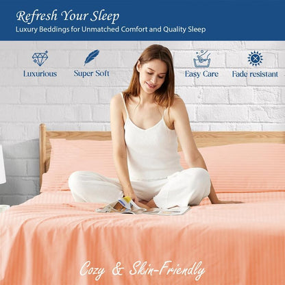 500 Thread Count Peach Stripe(Twin) Bed-Sheet Set-Highly Breathable 100% Egyptian Cotton, Woven Stripe 4 Piece 15''Inch Deep Pocket Hotel Quality