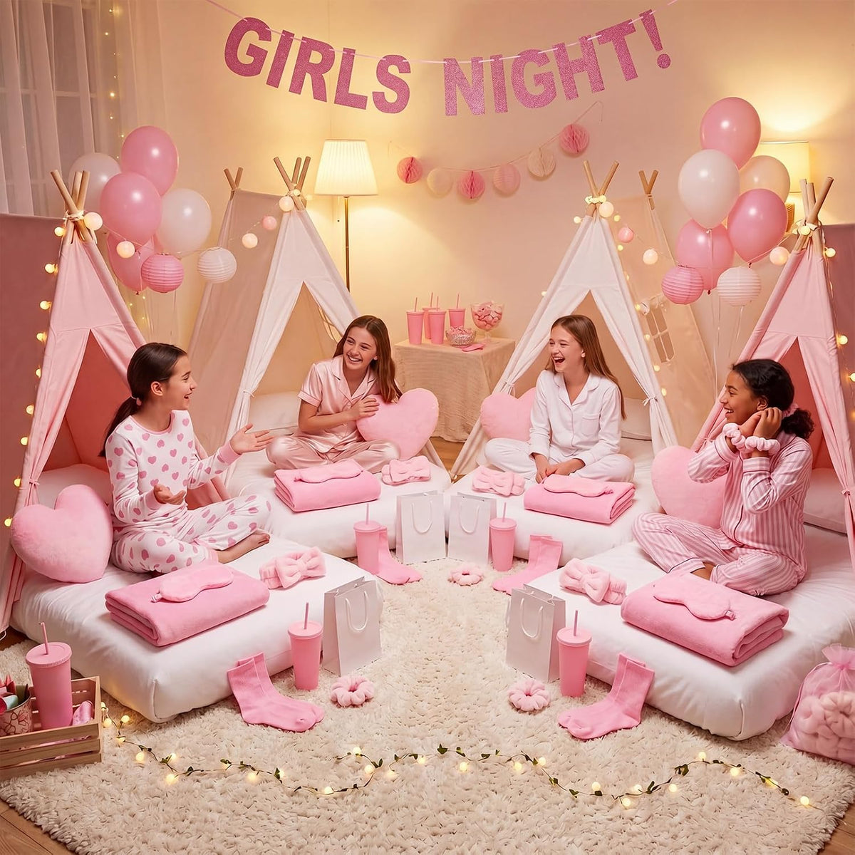 48 Pcs/6 Set Sleepover Party Supplies, Pink, Solid Color