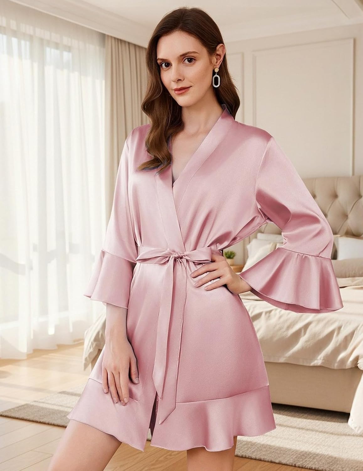 Women's Satin Robe Short Ruffle Hem Silky Kimono Brides Bathrobes