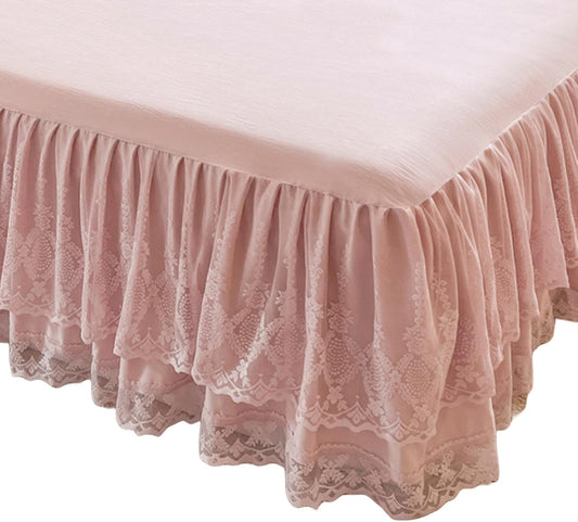 Romantic Summer Ruffled Bed Skirt with Sheet,Dust Ruffle Bedskirt with Two Lace Layers,17.7" Drop
