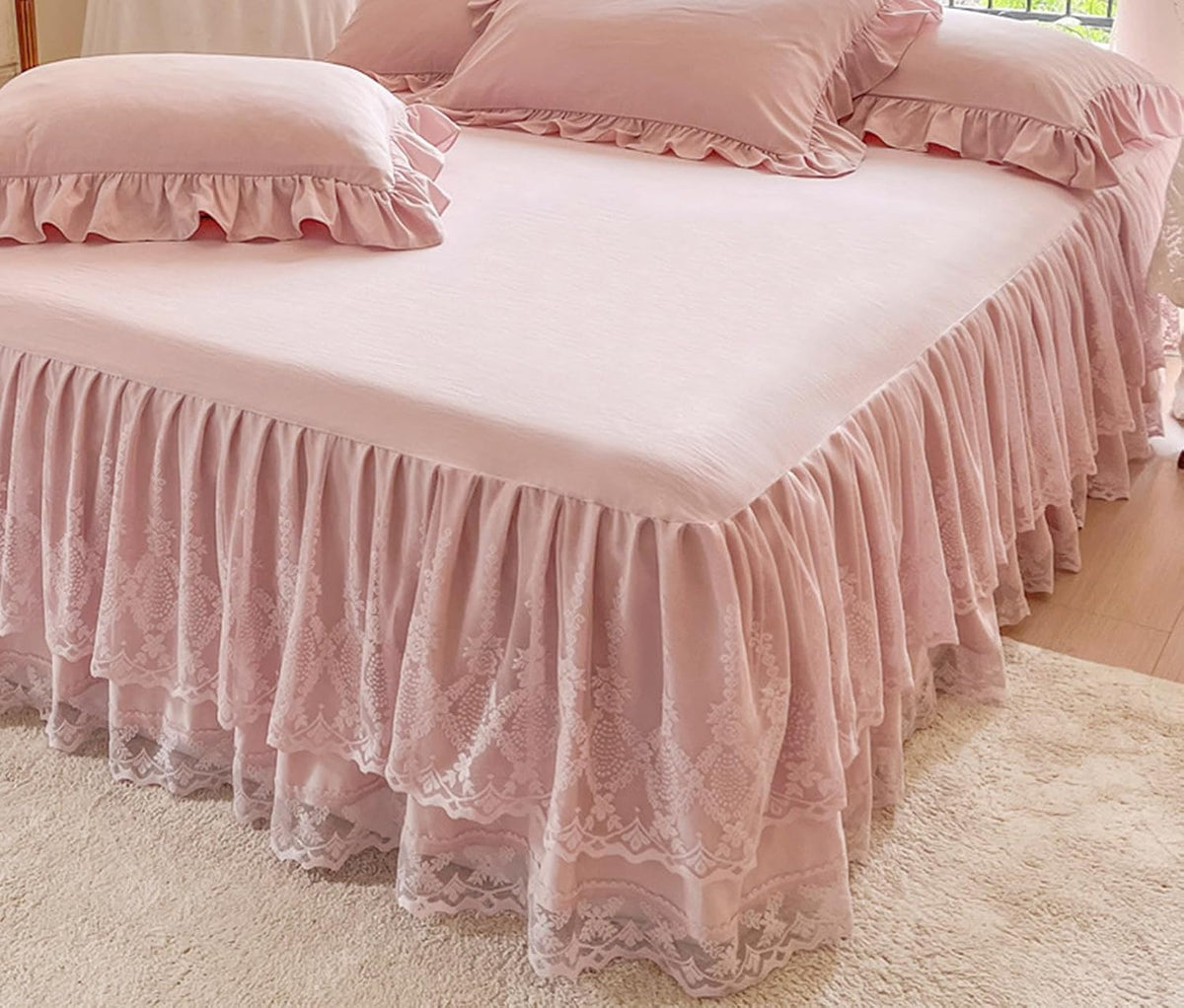 Romantic Summer Ruffled Bed Skirt with Sheet,Dust Ruffle Bedskirt with Two Lace Layers,17.7" Drop