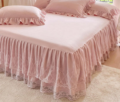 Romantic Summer Ruffled Bed Skirt with Sheet,Dust Ruffle Bedskirt with Two Lace Layers,17.7" Drop