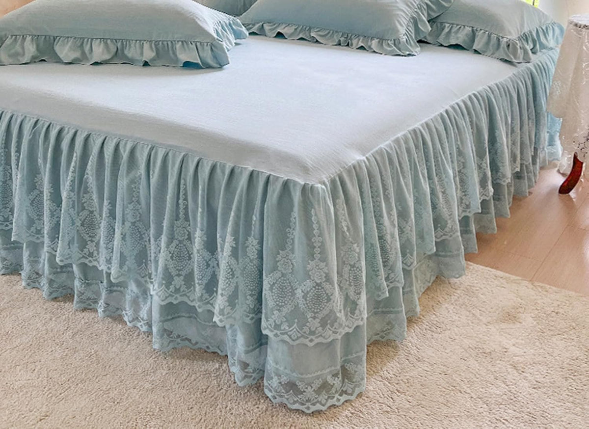 Romantic Summer Ruffled Bed Skirt with Sheet,Dust Ruffle Bedskirt with Two Lace Layers,17.7" Drop
