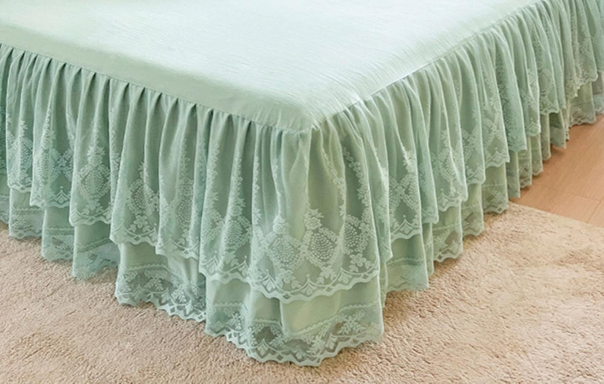 Romantic Summer Ruffled Bed Skirt with Sheet,Dust Ruffle Bedskirt with Two Lace Layers,17.7" Drop