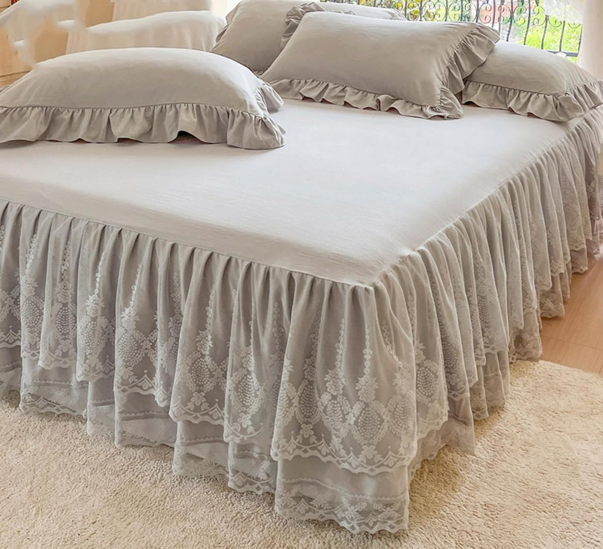Romantic Summer Ruffled Bed Skirt with Sheet,Dust Ruffle Bedskirt with Two Lace Layers,17.7" Drop